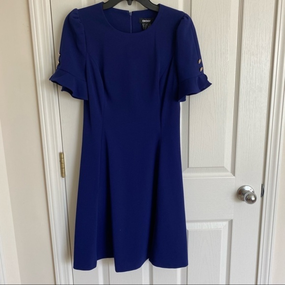 DKNY Button Sleeve Flounce Fit & Flare Dress in Blue Size 4 - Picture 6 of 14